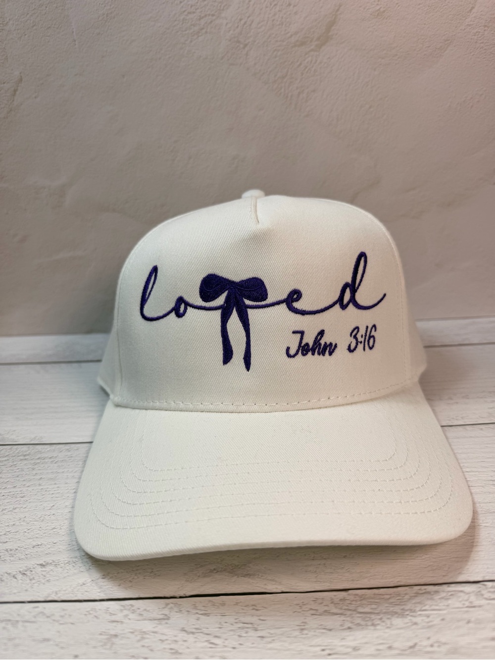 OTTO White Baseball Cap with Navy Embroidery - "loved" Script